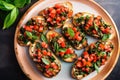 overhead shot of bruschetta pieces on a leafy textured dish