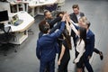 Overhead Shot Of Business Team Celebrating Success With Champagne Toast In Modern Office Royalty Free Stock Photo