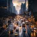 An overhead shot of a busy city street during rush hour, with cars zooming by and people rushing t