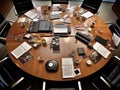 Conference table with business tools and technology Royalty Free Stock Photo