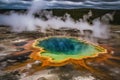 Aerial view of a colorful hot spring amidst steam in a geothermal area