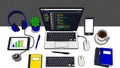 Coding Workspace Laptop, Code, Coffee, and Gadgets Royalty Free Stock Photo
