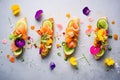 overhead shot of colorful mixed vegetable bruschettas