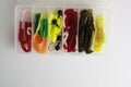 Overhead shot of colorful rubber worms fishing lures in a tackle box on white background Royalty Free Stock Photo