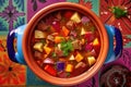 overhead shot of colorful stew in a vibrant ceramic bowl