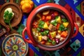 overhead shot of colorful stew in a vibrant ceramic bowl