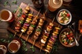 overhead shot of craft beer and grilled skewers