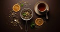 Aromatic Herbal Tea Still Life with Citrus and Strainer Royalty Free Stock Photo