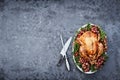 Overhead Shot of Delicious Roasted Thanksgiving Turkey with Knife