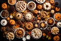 An overhead shot of a dessert table adorned with an array of Thanksgiving sweets, including pies, cookies, and seasonal treats. --