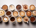 An overhead shot of different types of coffee drinks, showcasing variety and choice Royalty Free Stock Photo