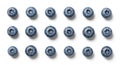 Overhead shot of eighteen blueberries arranged in rows on a white surface in a studio setting Royalty Free Stock Photo