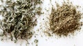Overhead view of fresh and ground dried thyme on white, showcasing culinary herb and rustic texture Royalty Free Stock Photo