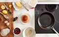 Overhead Shot Of Freshly Made Pancakes Or Crepes For Pancake Day With Maple Syrup And Berries Royalty Free Stock Photo