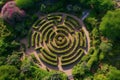 An overhead shot of a garden with a circular layout, showcasing its design and arrangement of plants and features, A top view of a Royalty Free Stock Photo