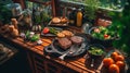 Wooden tabletop, colorful vegetables, two burgers