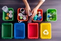 waste segregation in colored containers. top view