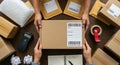 Shipping Parcel Packaging Process E-commerce Delivery, Online Shopping, Logistics Royalty Free Stock Photo