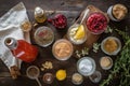 overhead shot of homemade soda ingredients on table