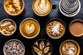 overhead shot of latte art designs in various cups