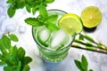 overhead shot of a mojito, lime wedges, and a muddler