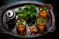overhead shot of a moroccan tea set with mint leaves and sugar cubes Royalty Free Stock Photo