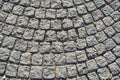 Overhead shot of old cobblestone pavement in circular pattern Royalty Free Stock Photo