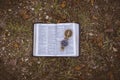 Overhead shot of an open book with an open compass on it on the ground Royalty Free Stock Photo