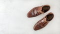 Overhead shot, pair of old worn brown shoes on white board, wide banner with space for text left Royalty Free Stock Photo