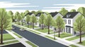 Overhead shot of a peaceful suburban area with tree-lined streets and modern houses.
