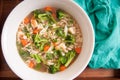 Overhead shot of pho soup with fresh chicken and vegetables, ramen noodles and onion Royalty Free Stock Photo