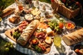 An overhead shot of a picnic blanket spread with delicious food on a sunny meadow Royalty Free Stock Photo