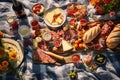 An overhead shot of a picnic blanket spread with delicious food on a sunny meadow Royalty Free Stock Photo