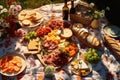 An overhead shot of a picnic blanket spread with delicious food on a sunny meadow Royalty Free Stock Photo