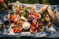 An overhead shot of a picnic blanket spread with delicious food on a sunny meadow