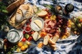 An overhead shot of a picnic blanket spread with delicious food on a sunny meadow Royalty Free Stock Photo