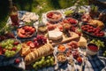 An overhead shot of a picnic blanket spread with delicious food on a sunny meadow Royalty Free Stock Photo