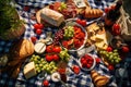 An overhead shot of a picnic blanket spread with delicious food on a sunny meadow Royalty Free Stock Photo