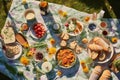 An overhead shot of a picnic blanket spread with delicious food on a sunny meadow Royalty Free Stock Photo