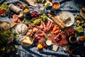 An overhead shot of a picnic blanket spread with delicious food on a sunny meadow