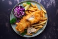 overhead shot of a plate of freshly made fish and chips topped with a sprinkle of salt and a side of creamy coleslaw