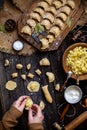 Overhead shot process of making homemade dumplings with potato