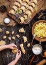 Overhead shot process of making homemade dumplings with potato