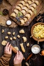 Overhead shot process of making homemade dumplings with potato