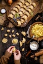 Overhead shot process of making homemade dumplings with potato