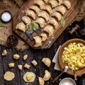 Overhead shot process of making homemade dumplings with potato