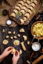 Overhead shot process of making homemade dumplings with potato