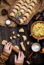 Overhead shot process of making homemade dumplings with potato