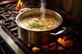 overhead shot of risotto cooking process on stove