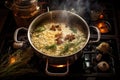 overhead shot of risotto cooking process on stove